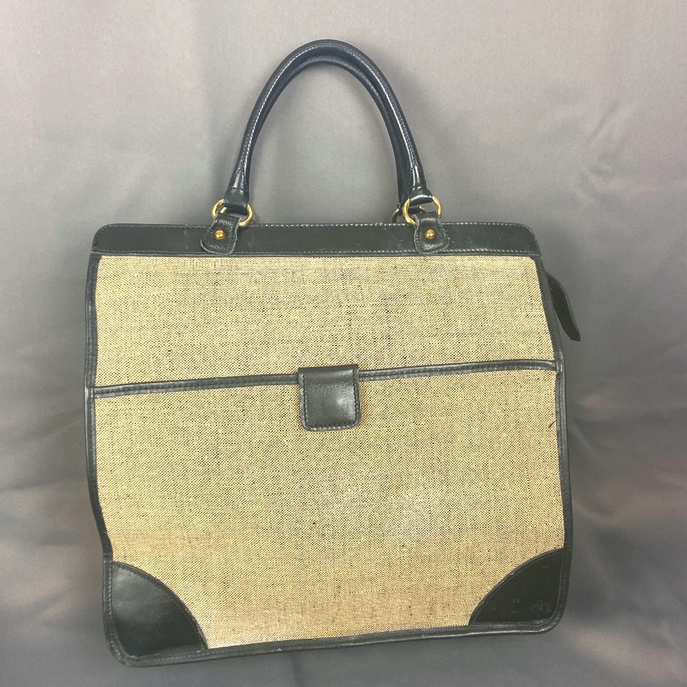 Vintage 1980's Anne Klein Tan Tweed & Black Leather Purse Tote Briefcase